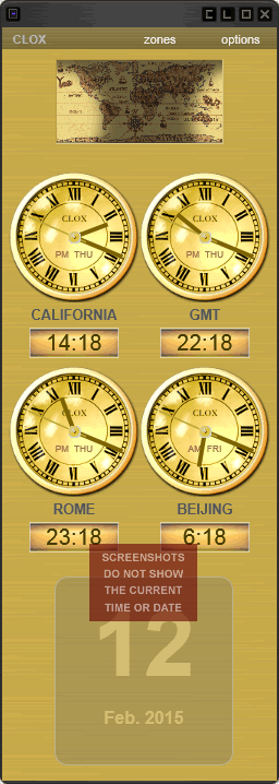 Gold timezone clocks with daylight map and calendar diaplay.